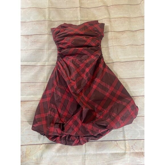 Kay Unger Women's Red Plaid Strapless 100% Silk Cocktail Dress - 8 - Picture 11 of 14